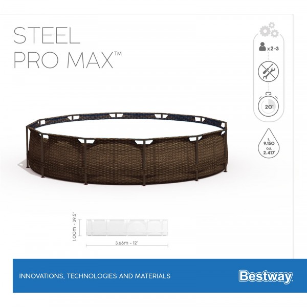 Каркасный бассейн Steel Pro Max 366х100см "Ротанг" 9150л, фил.-насос 2006л/ч, лестница, Bestway 56709 BW
