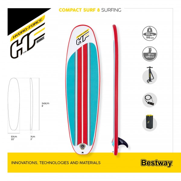 SURF-доска "Compact Surf 8" 243x57x7см, насос, лиш, киль, ремнабор, сумка, до 90кг, Bestway 65336 BW