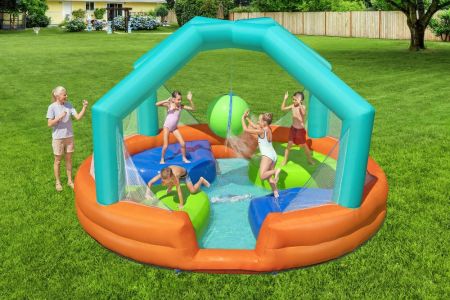 Водный игровой-центр 450х450х268см "Dodge & Drench" сразбрызгивателем и батутом, до 218кг, от 5 лет, Bestway 53383 BW
