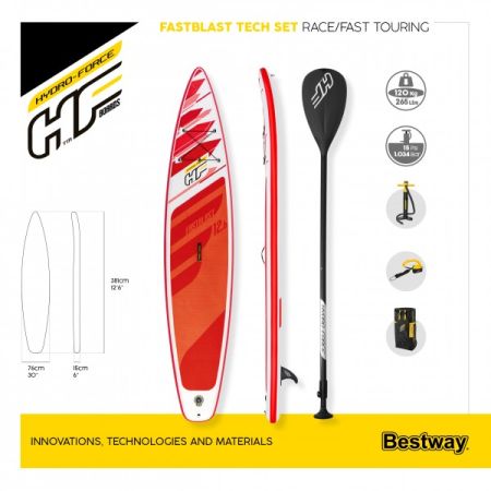 SUP-доска "Fastblast Tech" 381x76x15см, насос, весло, лиш, ремнабор, сумка, до 120кг, Bestway 65343 BW