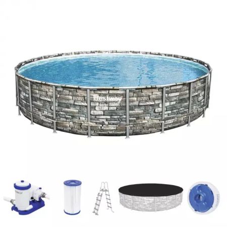 Каркасный бассейн Power Steel 671x132см "Камень" 40377л, фил.-нас. 9463л/ч, лестн., тент, Bestway 56889 BW