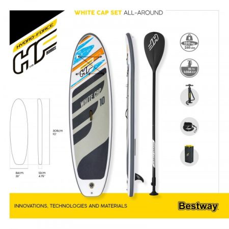 SUP-доска "White Cap" 305x84x12см, насос, весло, лиш, киль, ремнабор, сумка, до 120кг, Bestway 65342 BW