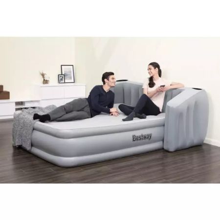 Надувная кровать 196х233х80см со спинкой, подстаканником и подсветкой, встр.насос 220В, до 300кг, Bestway 67620 BW