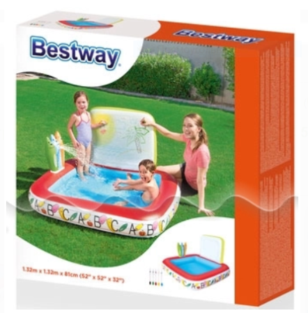 Игровой бассейн 132х132х81см "Школа" с разбрызгивателем и фломастерами, 121л, Bestway 52184 BW