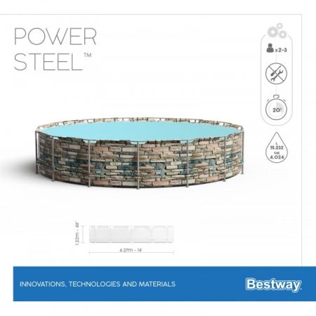 Каркасный бассейн Power Steel 427x122см "Камень" 15232л, фил.-нас. 3028л/ч, лестн., тент, попл.-доз., Bestway 56993 BW