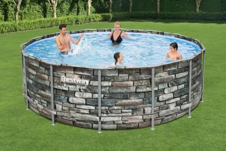 Каркасный бассейн Power Steel 427x122см "Камень" 15232л, фил.-нас. 3028л/ч, лестн., тент, попл.-доз., Bestway 56993 BW
