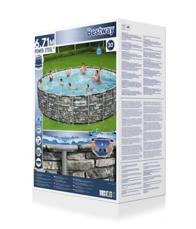 Каркасный бассейн Power Steel 671x132см "Камень" 40377л, фил.-нас. 9463л/ч, лестн., тент, Bestway 56889 BW