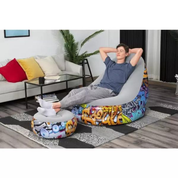Надувное кресло 100х121х86см "Comfort Cruiser Graffiti" с пуфиком 54х54х26см, Bestway 75076 BW